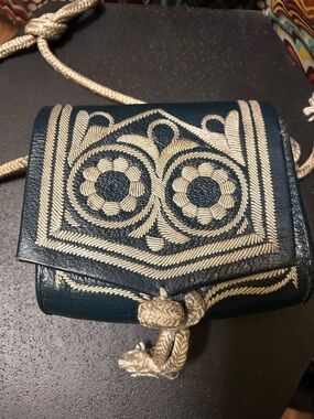 Vintage Moroccan Navy and Cream Embroidered Handmade Leather Bag